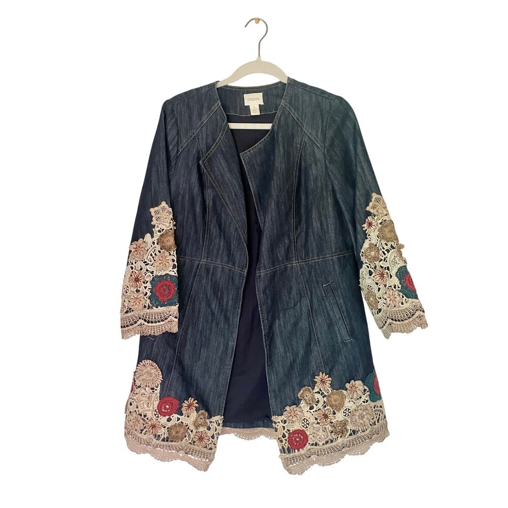 CHICO'S Denim Open Jacket Kimono Women's Size 1 Floral Embroidered Blue Medium